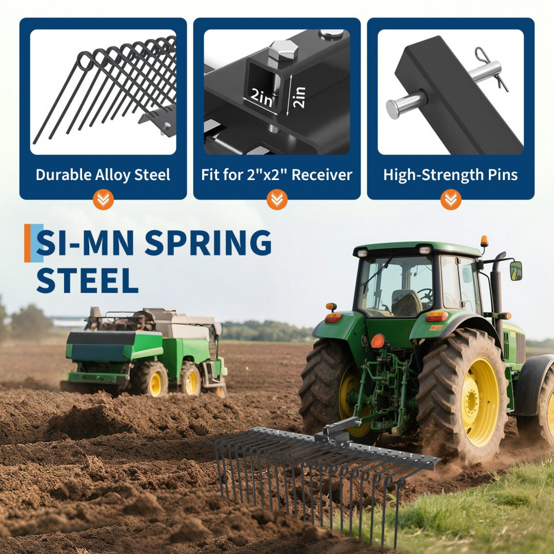 garvee steel spring landscape rake for lawn tractors or utv/atv - 48", fits 2" reciever - black - (model: ppg-33mtq7du) image 2