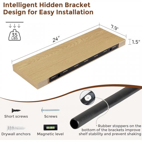 2pk heimlove wall mounted floating shelves - 24" x 7.9" x 1.5" - oak image 2