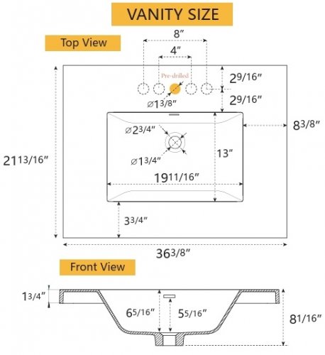 Getpro Solid Surface Vanity Top with integrated single sink basin - 36.4" x 21.8" x 8.1" - White (Model: RT36-P) image 2