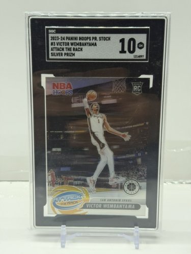 SGC GRADED 10 GEM MINT 2023-24 PANINI HOOPS P.R STOCK #3 BICTOR WEMBANYAMA ATTAKC THE RACK SILVER PRIZM CARD image 3