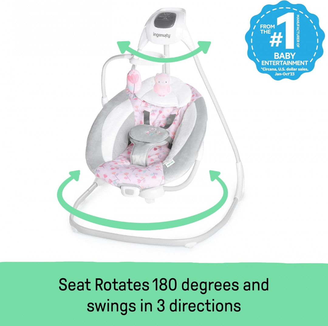 INGENUITY SIMPLECOMFORT compact washable CRADLING PLUG-IN SWING WITH SOOTHING VIBRATIONS, white noise & music - CASSIDY Pink (MODEL: 11624) image 3