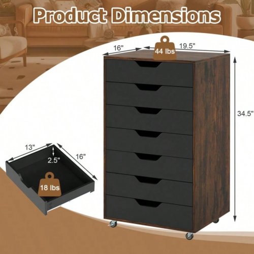 costway 7-drawer wooden storage cabinet with wheels - 16" x 19" x 34" - rustic brown/black - (model: jv13196dk) image 2