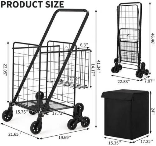 Garvee Stair Climbing Collapsible Shopping Cart with Waterproof Basket Liner & 360° Swivel Wheels - 135LBS Moving state CAP - 200LBS Stationary state Cap - 21.7" x 19.7 x 41.3" - Black (Model: PEP_3344JWNH) image 2