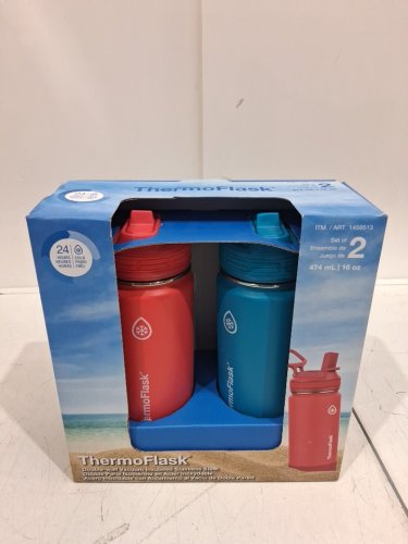 2PK THERMOFLASK DOUBLE VACUUM INSULATED STAINLESS STEEL WATER BOTTLES WITH LEAK PROOF LID - 16oz - Red/Blue (model: 1459513) image 2