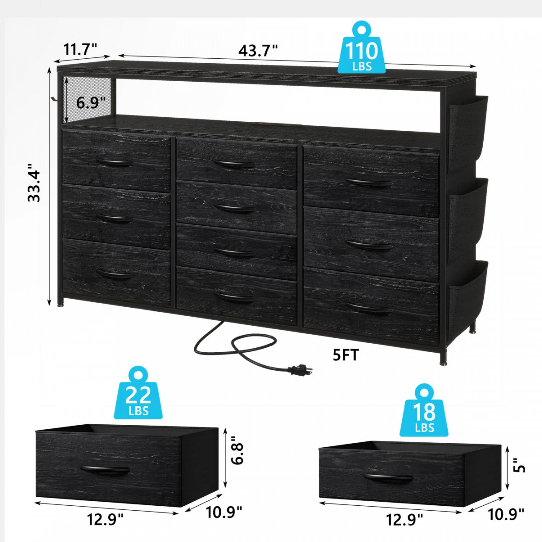 enhomee 10-drawer fabric dresser/tv stand with storage shelf and led lights - 44" x 12" x 33" - black (model: usfdrscg2) image 3