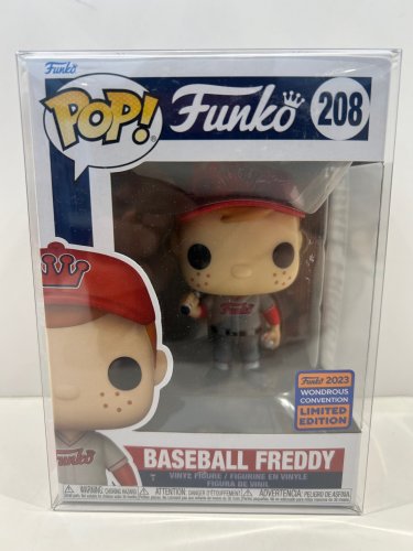 Funko pop! **2023 wondrous convention** Funko - baseball Freddy vinyl figure (#208) **plastic protector cover** image 2