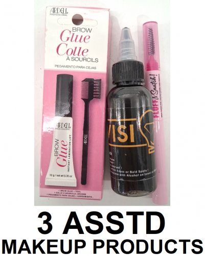 3 ASSORTED MAKEUP PRODUCTS - assorted brands, types and uses - ardell brow glue / visionary black airbrush liquid / nyx fluff and snatch brow powder pen image 1