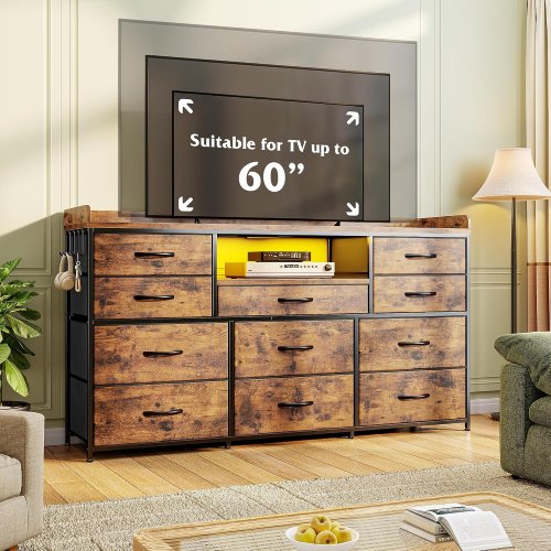enhomee 11-drawer fabric dresser/tv stand with led lights & charging station - 47" x 12" x 31" - rustic brown - (model: 55scdrd3scg) image 2