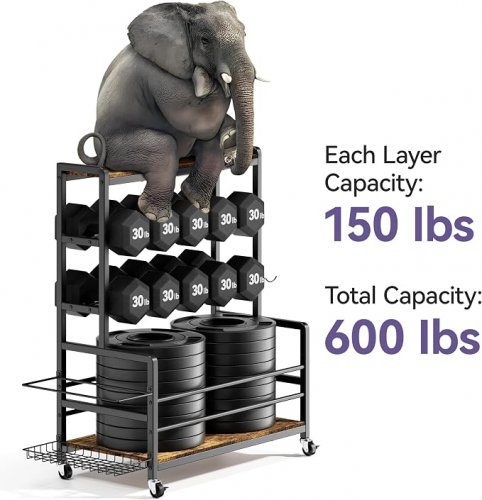 AT HOME GYM EQUIPMENT rack with wheels - 3 tiers - 600lbs capacity - black/wood (model: Q3NH7) image 2