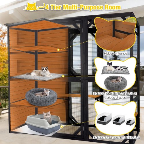 *2 boxes* aivituvin outdoor wooden cat/pet enclosure with 4 tiers - 77" x 36" x 69" - brown/gray(see notes) - (model: air54-hk) image 4