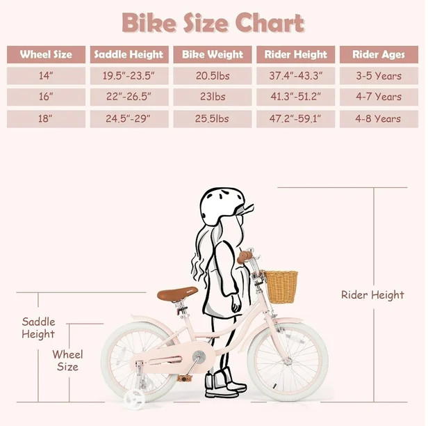 OLAKIDS Kids Bike with Removable Training Wheels Rattan Basket Safety Bell Adjustable Seat and Handlebar Dual Brakes for Girls and Boys Ages (3–8) - 14" - Pink / White (Model:TS10134PI-14) image 2