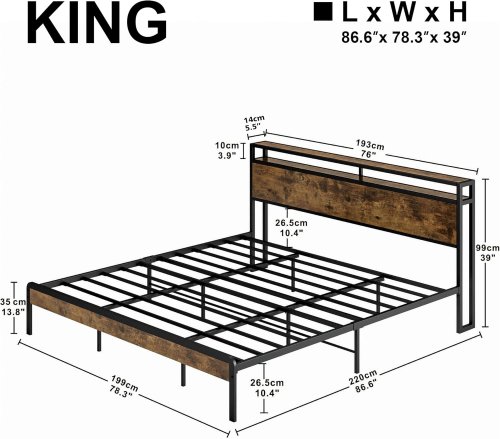 LIKIMIO Platform Bed Frame with storage headboard - King - Brown/Black (Model: HK-KBF-005S) image 2