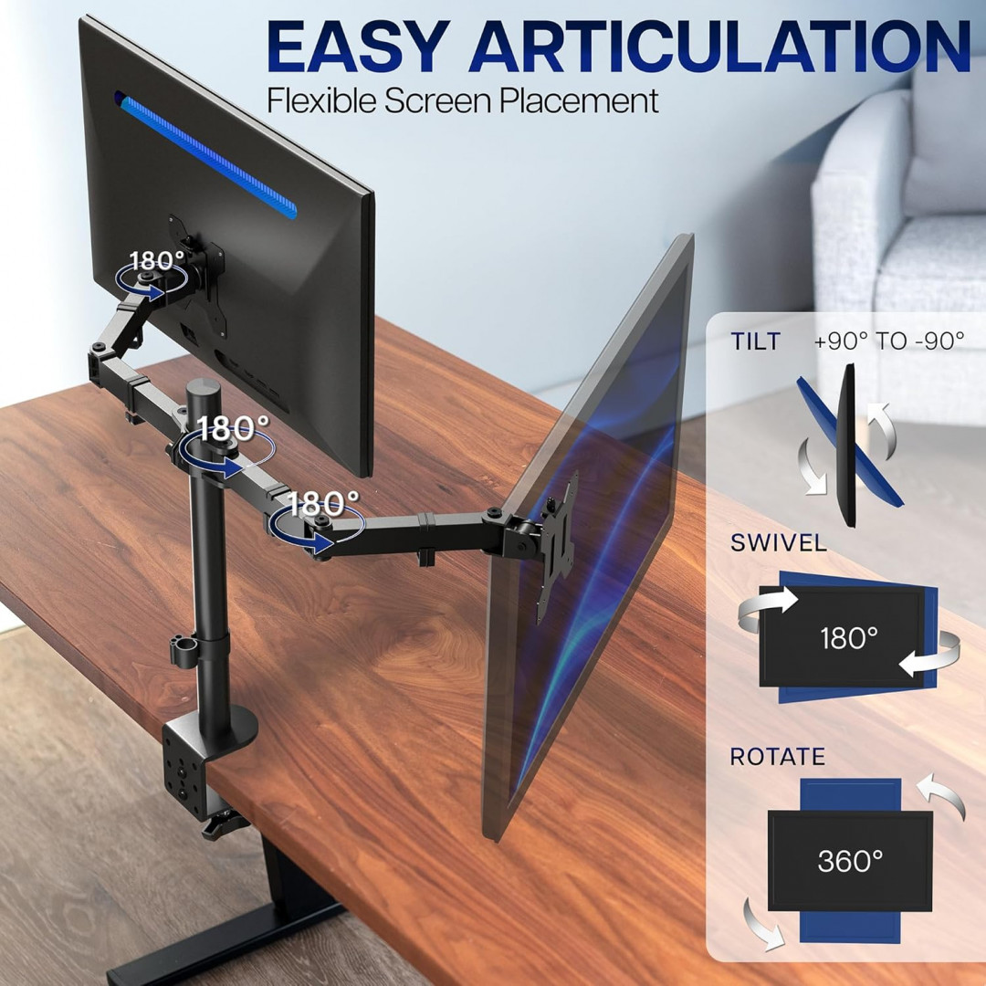 VIVO Heavy Duty Fully Adjustable Dual Monitor Desk Mount - Holds 2 Computer Screens up to 13" - 30” - 22lb max/each - black (MODEL: STAND-V002) image 2