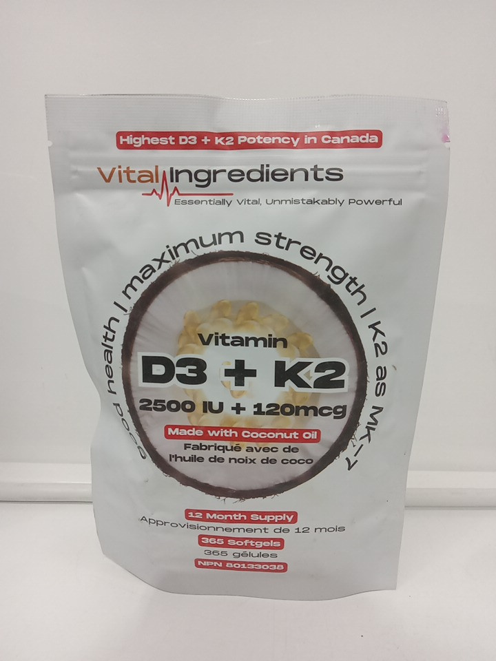 (365 Softgels) Vital Ingredients Vitamin D3 + K2 made with coconut oil - 12 month supply image 2