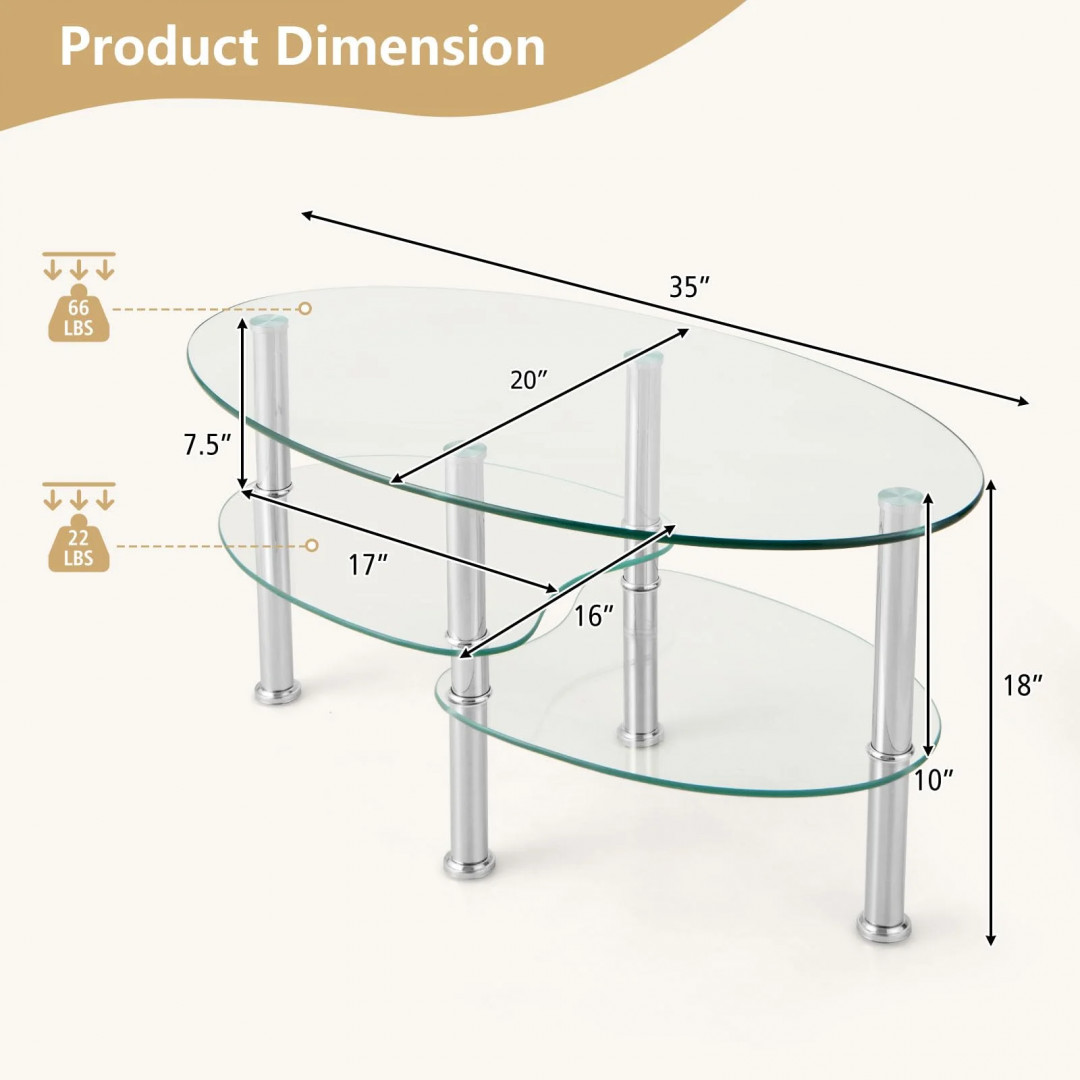Giantex Oval Glass Coffee Table 3-Tier Transparent Tempered Glass Center Table with Metal Stand - 35"× 20" ×18" - (model: HV10456TR) image 2