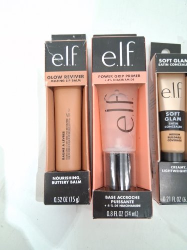 4 assorted elf makeup products - assorted  sizes, types and uses - lip balm / concealer / face primer / liquid eyeshadow image 3