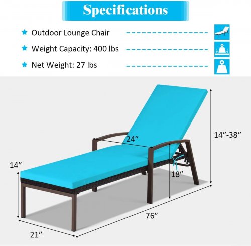 2pk costway outdoor rattan lounge chaise chair with adjustable backrest - 76" x 21", 400lbs max - turquoise - (model: op70262tu) image 2