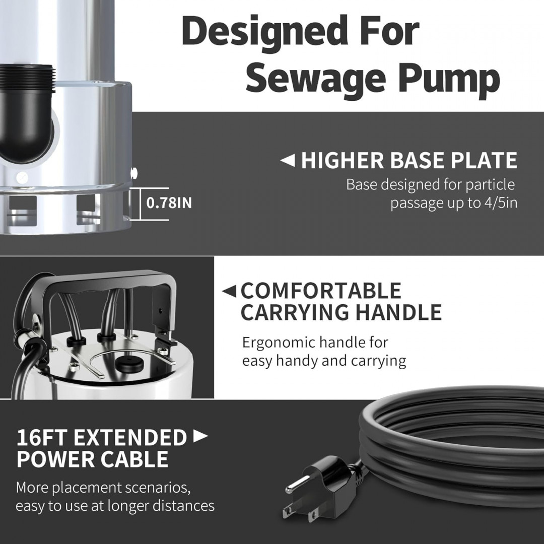 lanchez 1.6hp stainless steel sump pump - 115v - 1100w - 5500gph - silver/black (model: q1100b56-l) image 3