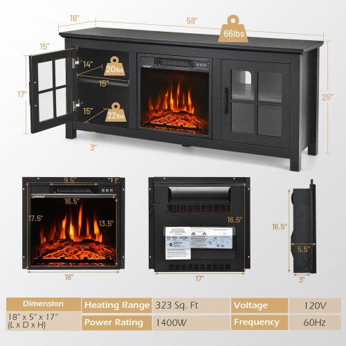 Costway fireplace tv stand with remote control, fits up to 65" tv - 58" x 16" x 25", 1400w - black - (model: fp10371us-dk) image 2