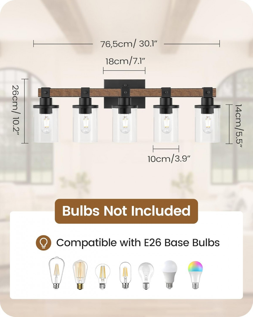 GOEBLESON Bathroom Over Mirror Vanity Light Fixture with Clear Glass Shade - 5-Light - e26 - 30.1" x 10.2" - black/wood (model: ‎F10BD05w1) image 2