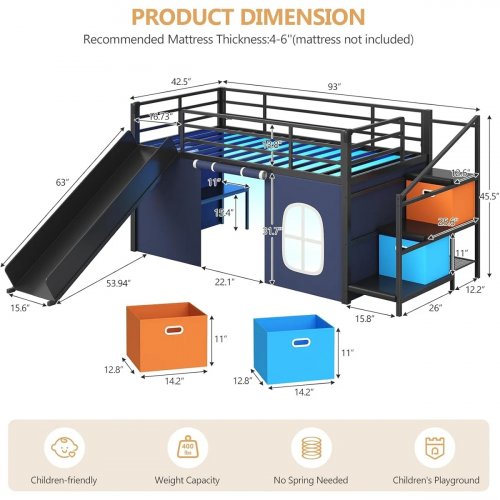 loft bed with slide and under bed play area- 45.5" x 93" - Black image 2