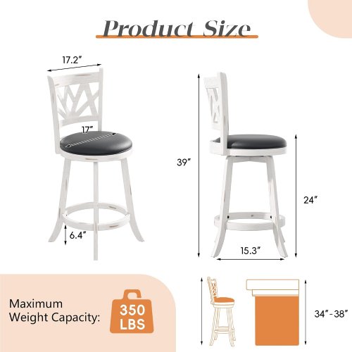 2PK Betterhood Swivel Counter Bar Stools with faux leather seats - 39" x 17" - 350lbs cap - White/Black (Model: NFK018) image 2