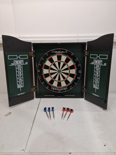 EastPoint javelin Sports Derbyshire Bristle Darts Dartboard and Cabinet Set With Accessories - 23.3" x 20.5" to 39.75" - brown wood (Model: 1-1-76056-TDS) image 2