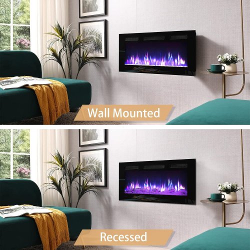 efiretric electric fireplace heater with multicolored flame, freestanding or wall mount/recessed - 36" x 17", 1500W - black - (model: dc0002hs36a) image 3