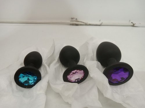 3PC silicone Anal plug set with gem bases - black image 3