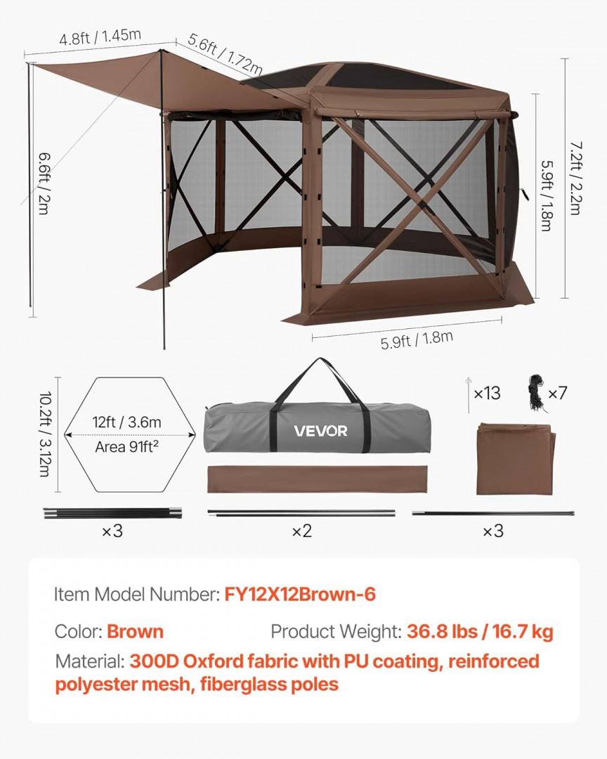 6-sided pop up screen gazebo tent - 12ft x 12ft x 7.2ft - brown (model: fy12x12brown-6) image 2