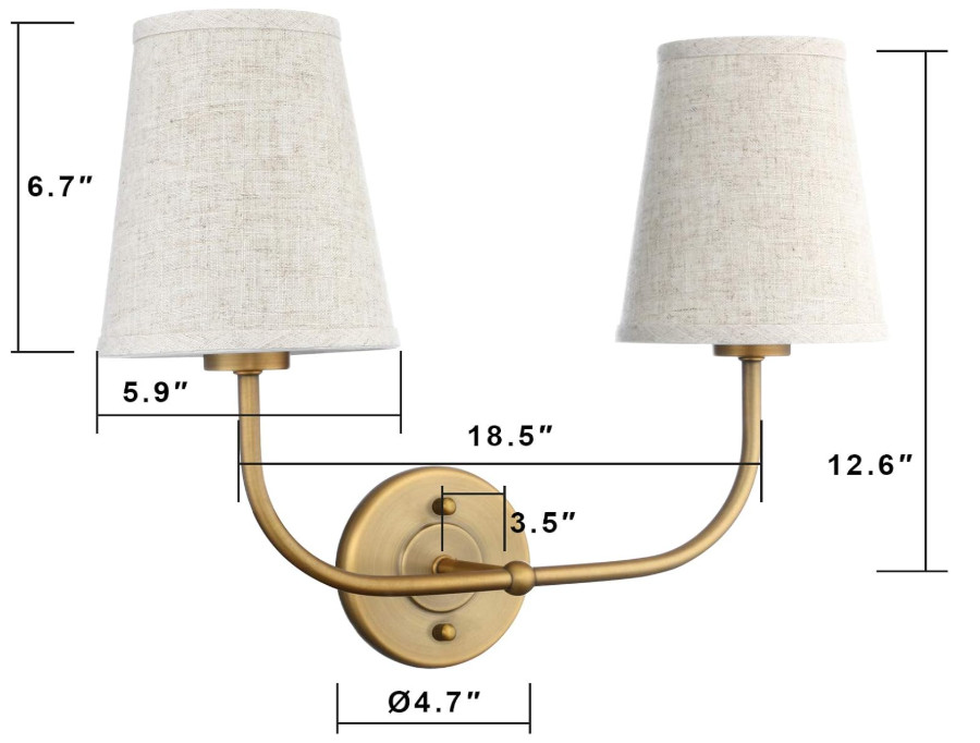 Permo Classic Double light Antique Wall Sconce with Flared Funnel Linen shades - e26 bulb - 120v - antique gold (model: y479-d) image 2
