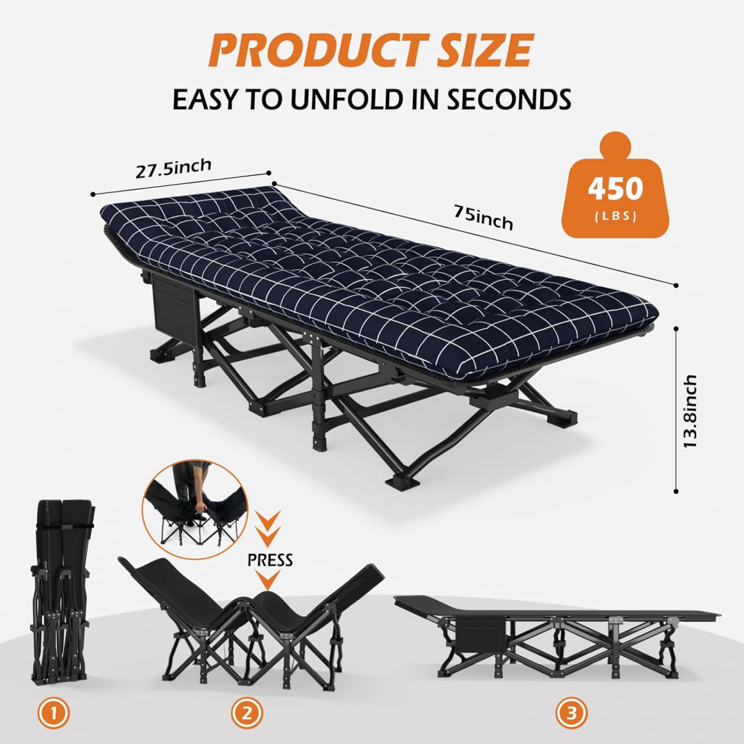 ATORPOK Portable Folding Camping Cot for Adults with Cushion  - 450LBS CAPACITY - 27.5' X 75" X 13.8" - BLACK - (Model: ‎ZZM-1) image 2