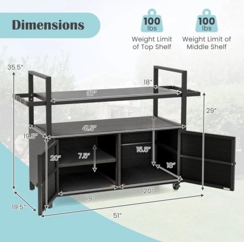 costway outdoor wicker rolling bar/serving table with storage - 51" x 19" x 35" - black - (model: hw72152) image 2