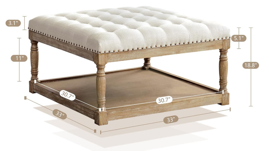 HUIMO Large Square Tufted Upholstered Linen Ottoman Coffee Table for Living Room - 33" x 33" x 19" - beige (model:WT-F5782-KS-2) image 2
