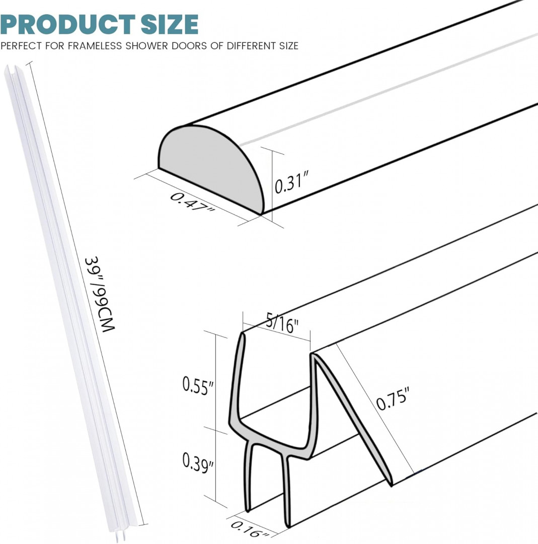 2 (2pk) waterproof & durable Bathroom Shower Door Seal Strip WITH D-SHAPE PVC BASE - 39" / each - Clear (Model: JZ8) image 2