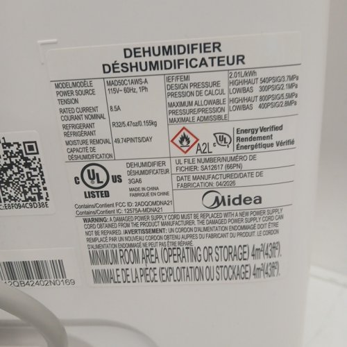 MIDEA EASYDRY DEHUMIDIFIER WITH AUTO SHUT-OFF - 4500SQ.FT COVERAGE - REMOVES 23.5L/DAY - 115V - WHITE (MODEL: MAD50C1AWS) image 8