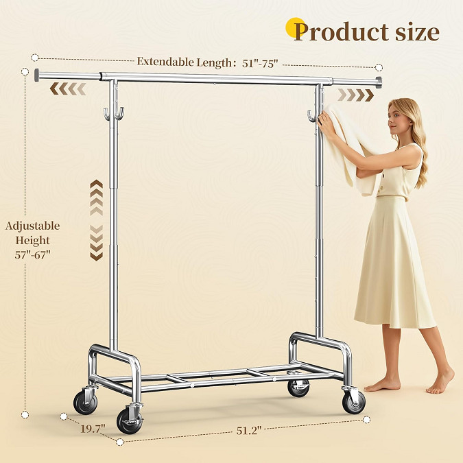 raybee extra wide heavy duty clothes racks with lockable wheels & 450lbs capacity - 75" x 67" x 51.2" - chrome (model: hn-gm-sr-n-02) image 2