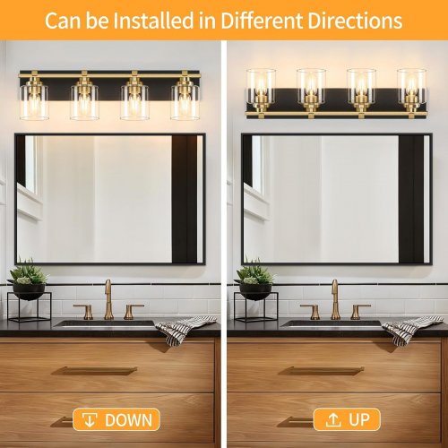 brknit 4 light bathroom vanity light fixture with glass shades - 28" - BLACK/GOLOD CLEAR SHADES - (model: J0057-C-4T-BG) image 2