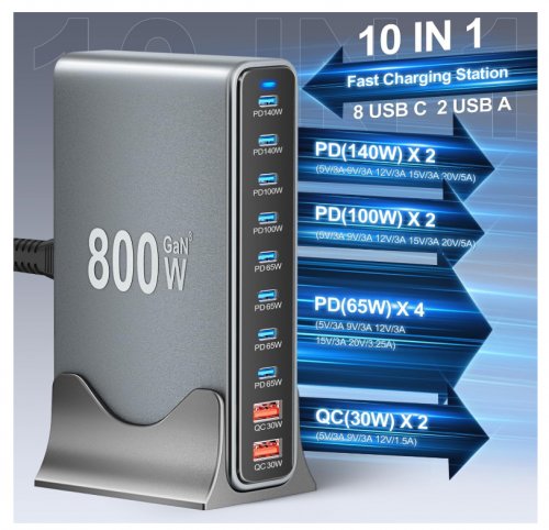 cozome 10-in-1 desktop fast charging dock station, usb-c / usb-a - 800w - grey (model: ymx-800w) image 2