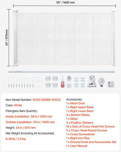 Retractable mesh Baby Gate - 34" x 55" - white (model: SH20.006BB-140CD) image 2