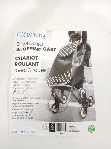 Bios Living 3-Wheeled SHOPPING CART - 14.5" x 11" x 38" - 66lbs cap - Black image 4