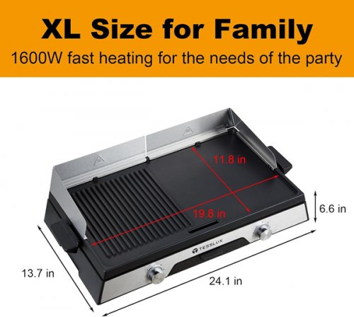 Tesslux XL Electric Grill Non-stick Griddle Combo - 21” X 13" - 1600W - BLACK/SILVER image 2