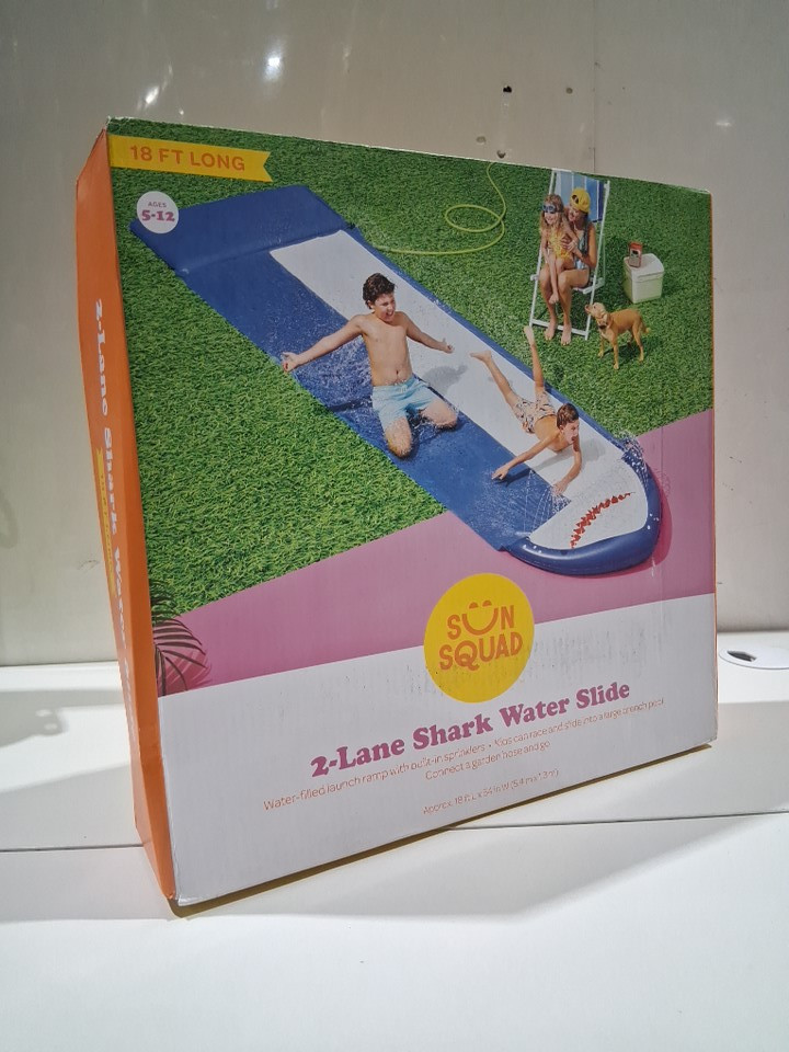 SUN SQUAD 2-LANE SHARK WATER SLIDE WITH BUILT-IN SPRINKLERS - 18ft X 54" - WHITE/BLUE image 2