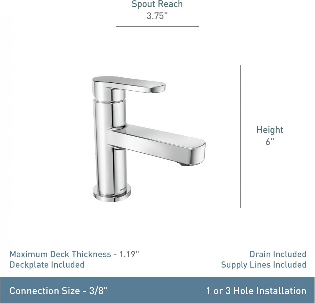 Moen Laris Chrome One-Handle Single Hole Modern Bathroom Sink Faucet with Optional Deckplate and Spring Loaded Drain Assembly - Chrome (MODEL: 84014) image 2