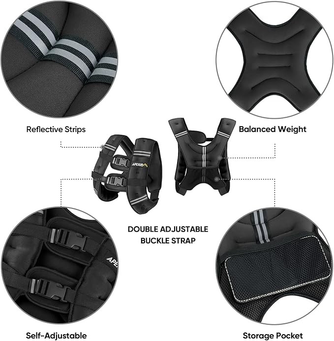 APEXUP Weighted Workout Vest with phone pouch and reflective strips - 20lbs - BLACK image 2