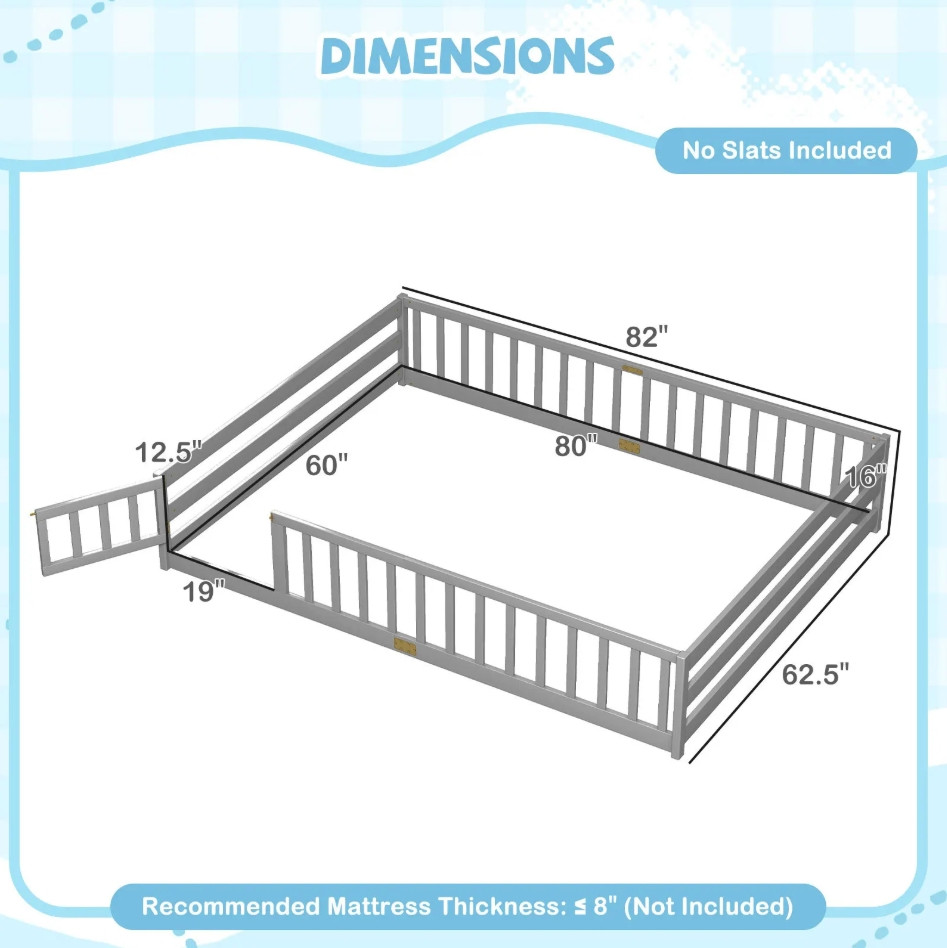 costway montessori floor bed frame with guard rails and door - queen - grey  (model: hu11255gy-q) image 2