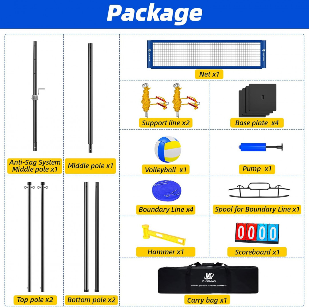 OKKMAX Professional Outdoor Volleyball Net Set with Adjustable Poles and Anti-Sag Design - (model:OK-1006-01) image 2