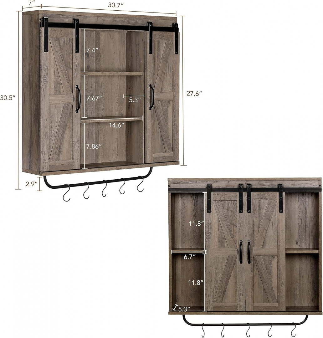 RUSTOWN 3-tier Farmhouse Wall mounted Storage Cabinet with Two Barn Door and 5 hooks - 30.7" x 27.6" x 7" - washed oak (MODEL: pdhx8001gy) image 2