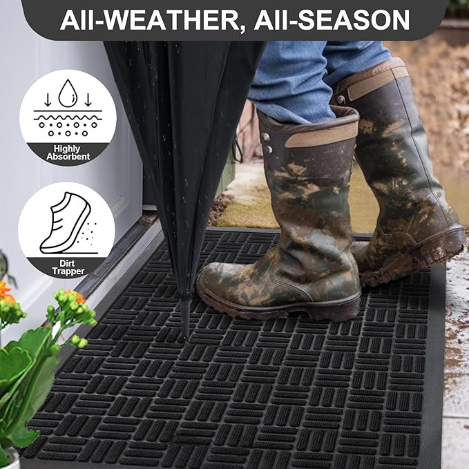 Mibao Heavy Duty Indoor & Outdoor Front Door Mat - 35.5" x 24" - Black Crosshatch (Model: CA-MBCR013MBK) image 2