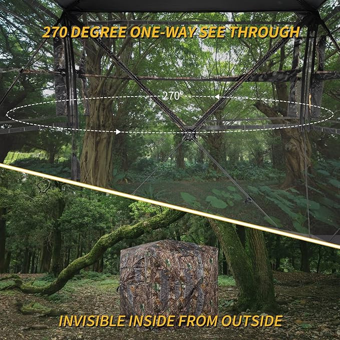 2pc FUNHORUN Hunting Blind 270/360 Degree See Through Ground Blind with chair - 58" x 58" x 66" - Camouflage image 2